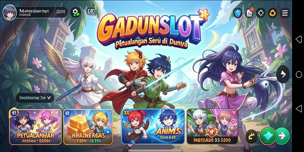 Screenshot utama GADUNSLOT menampilkan aksi karakter anime dalam pertempuran.