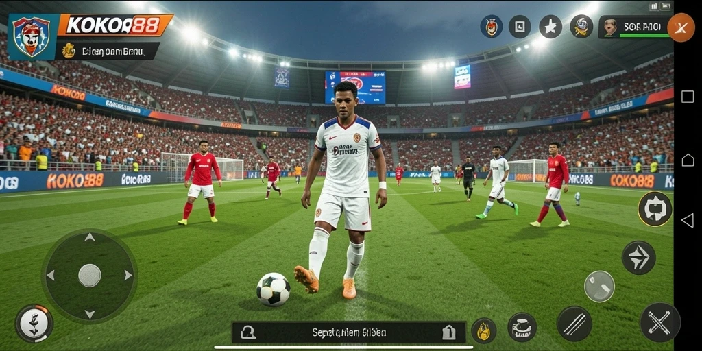 Gambar utama menunjukkan gameplay seru di KOKO88 dengan aksi sepak bola.