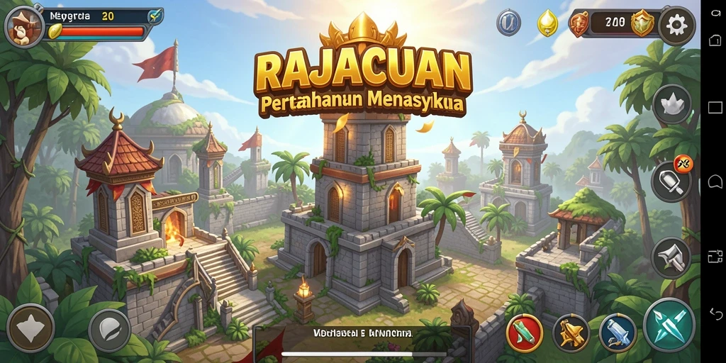 Tangkapan layar menunjukkan menara dan musuh dalam pertempuran Tower Defense yang intens.